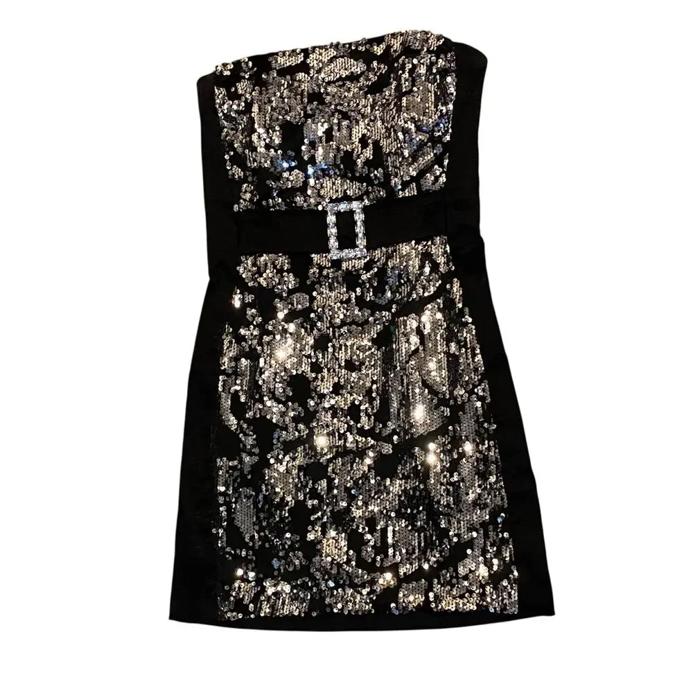 Cache Sequin Strapless Mini Dress US 4 Black Silver Bodycon Cocktail Party Y2K